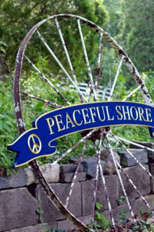 Peaceful shore curved quarterboard - blue and gold - front