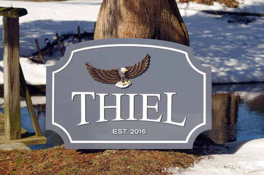 Custom Carved Family Name sign with Established year and Eagle image (LN50) - The Carving Company