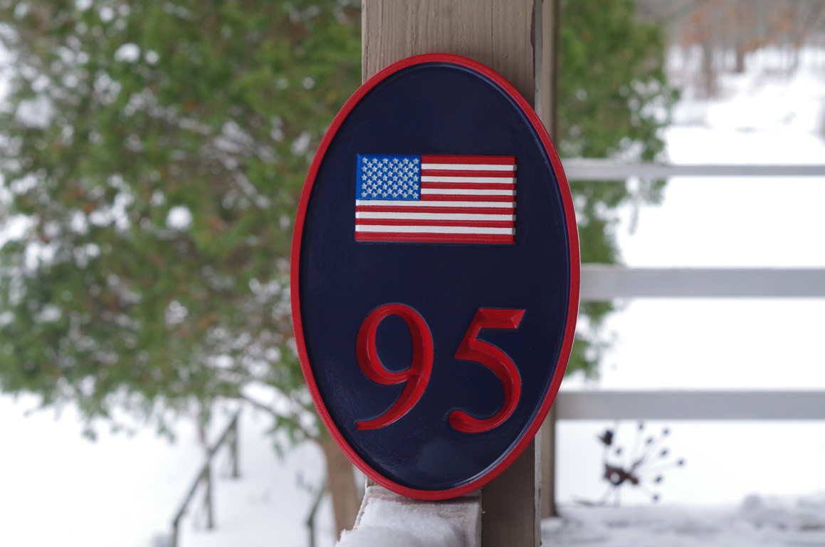 Carved Street Address plaque / House number with American Flag or other image (A137) - The Carving Company