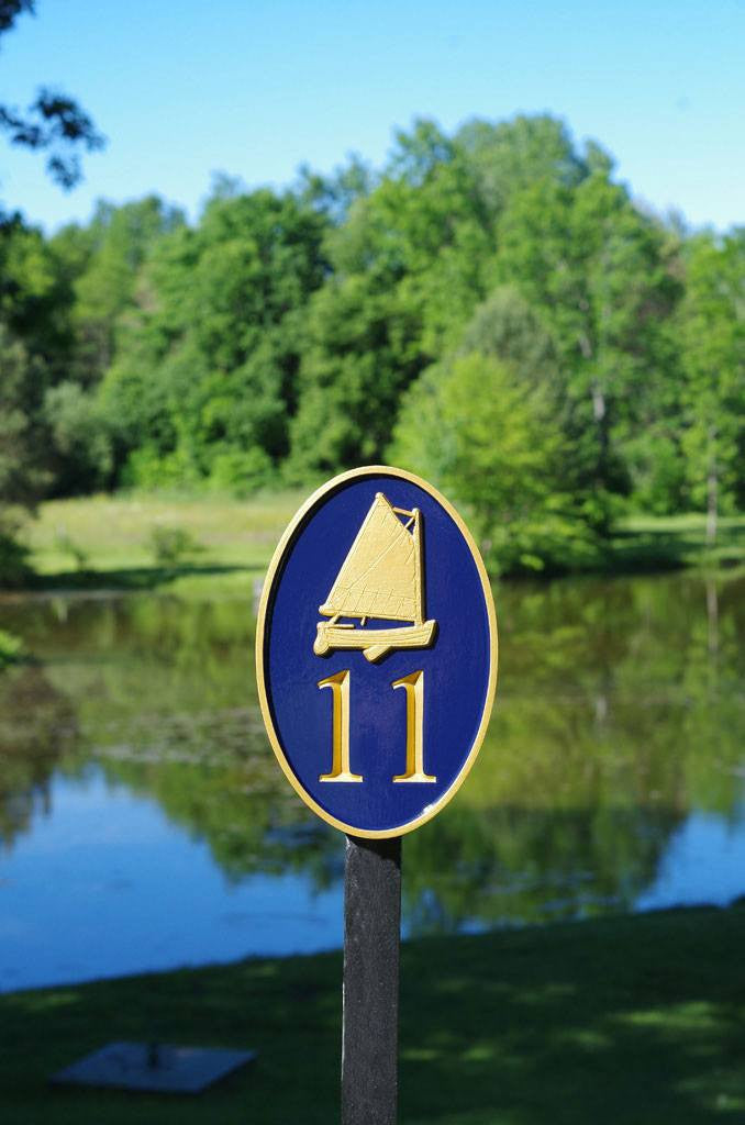 Carved Street Address plaque / House number with catboat or sailboat (A90) - The Carving Company