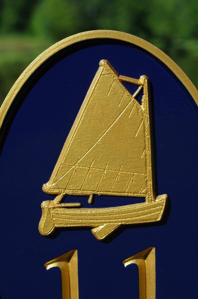 Carved Street Address plaque / House number with catboat or sailboat (A90) - The Carving Company