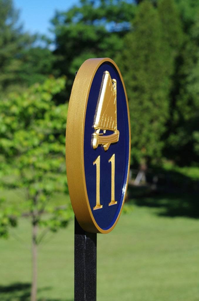 Carved Street Address plaque / House number with catboat or sailboat (A90) - The Carving Company