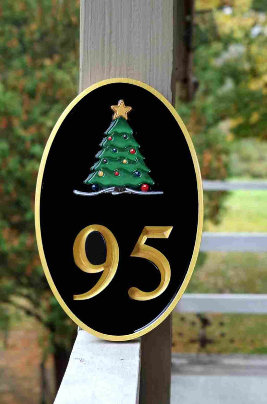 Carved Street Address plaque / House number with Christmas tree or other image (A120) - The Carving Company