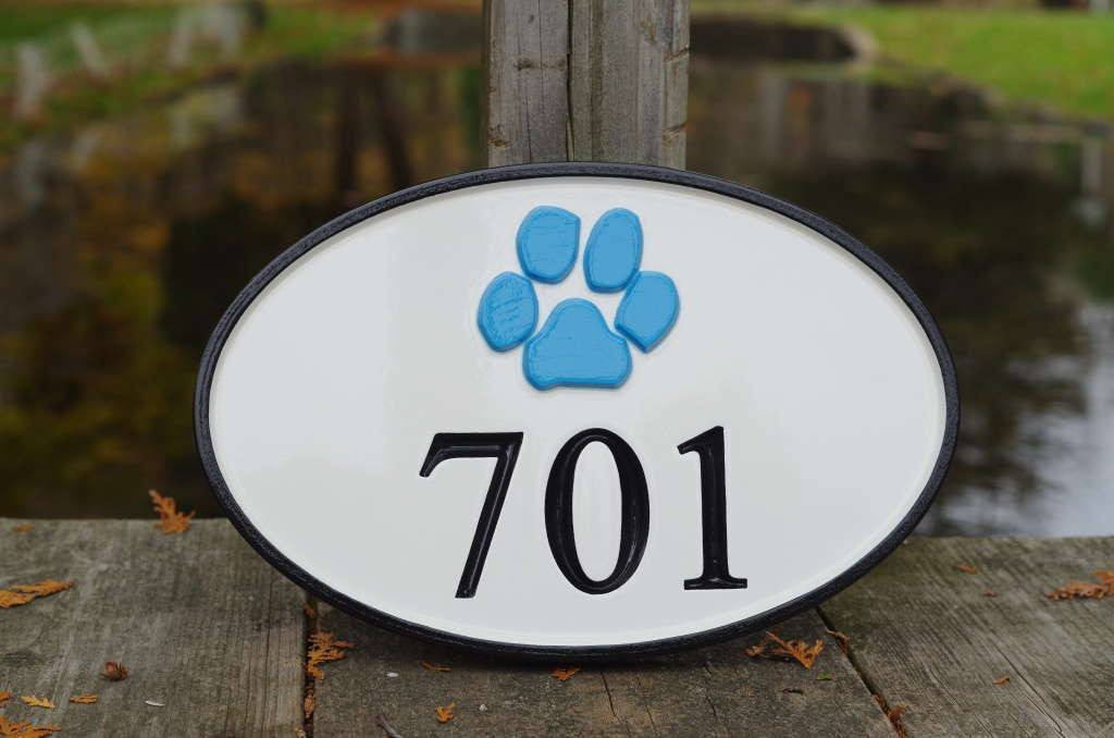 Carved Street Address plaque / House number with Paw print or other stock image (A123) - The Carving Company