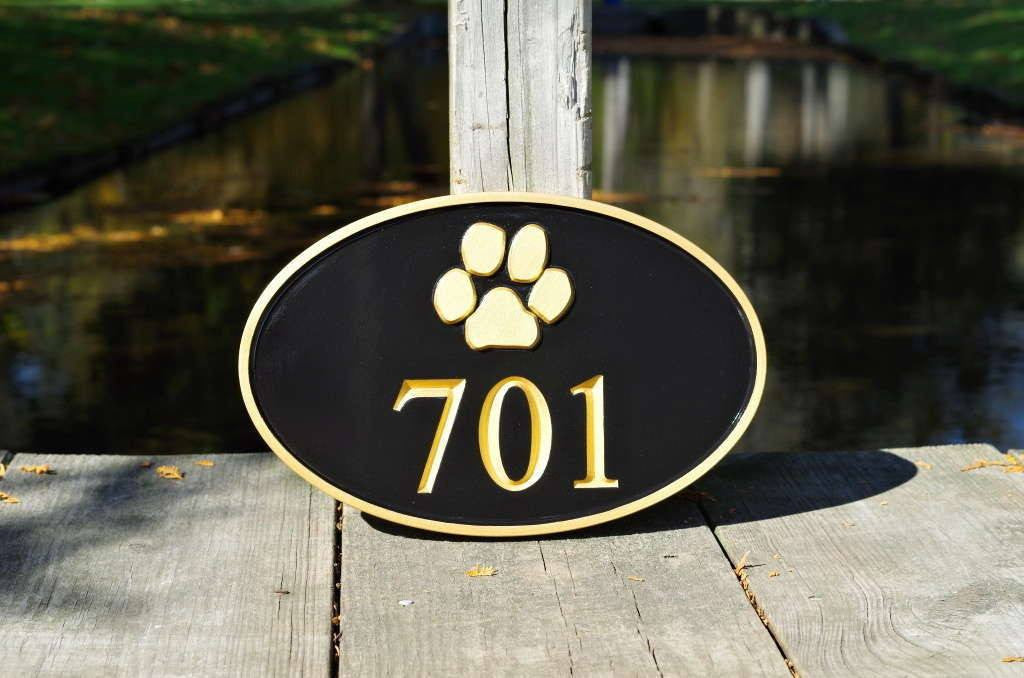 Carved Street Address plaque / House number with Paw print or other stock image (A123) - The Carving Company