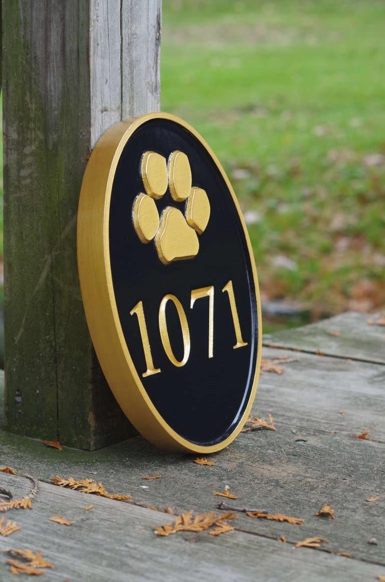 Carved Street Address plaque / House number with Paw print or other stock image (A141) - The Carving Company