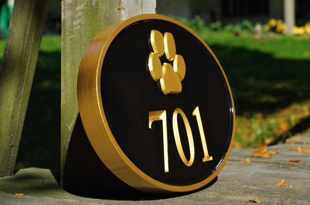 Carved Street Address plaque / House number with Paw print or other stock image (A141) - The Carving Company