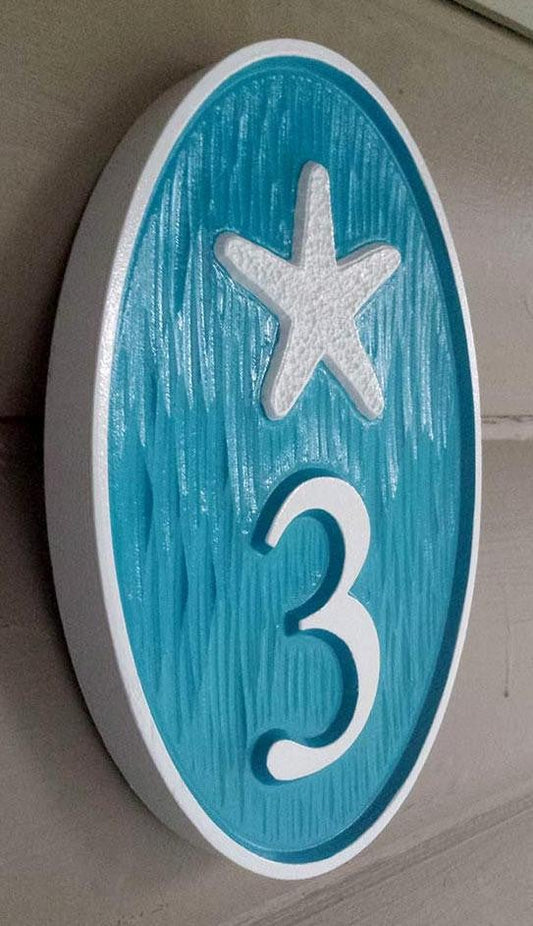 Carved Street Address plaque / House number with starfish (A139) - The Carving Company