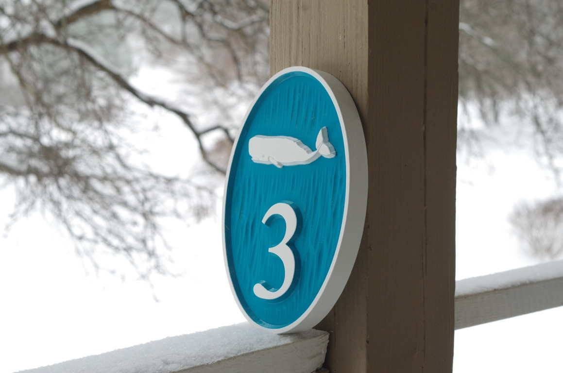 Carved Street Address plaque / House number with whale or other sea image (A24) - The Carving Company