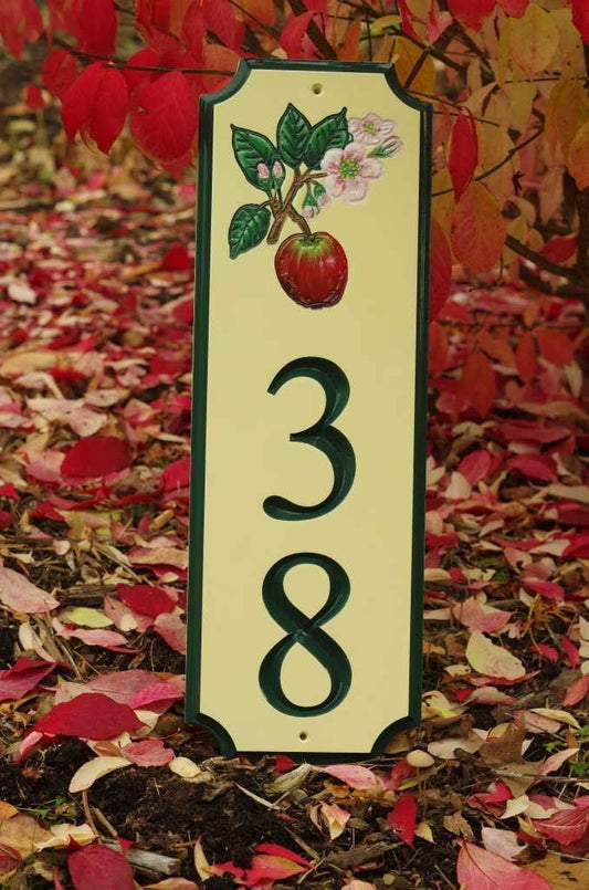 Custom Carved Street Address sign / House number with Apple and Blossom (A122) - The Carving Company