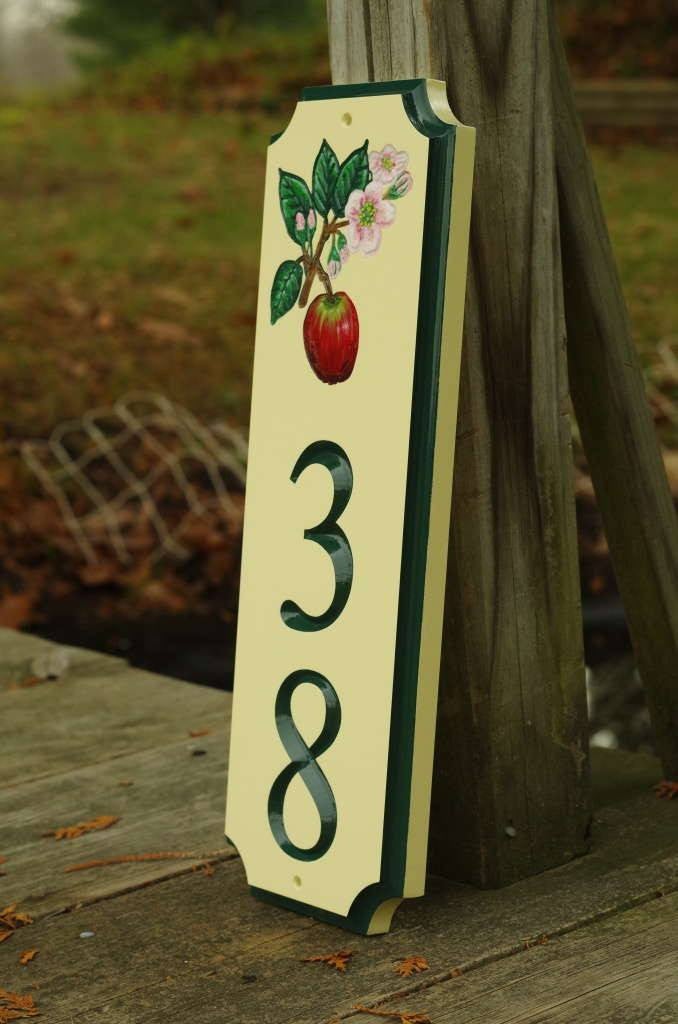 Custom Carved Street Address sign / House number with Apple and Blossom (A122) - The Carving Company