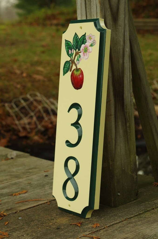 Custom Carved Street Address sign / House number with Apple and Blossom (A122) - The Carving Company