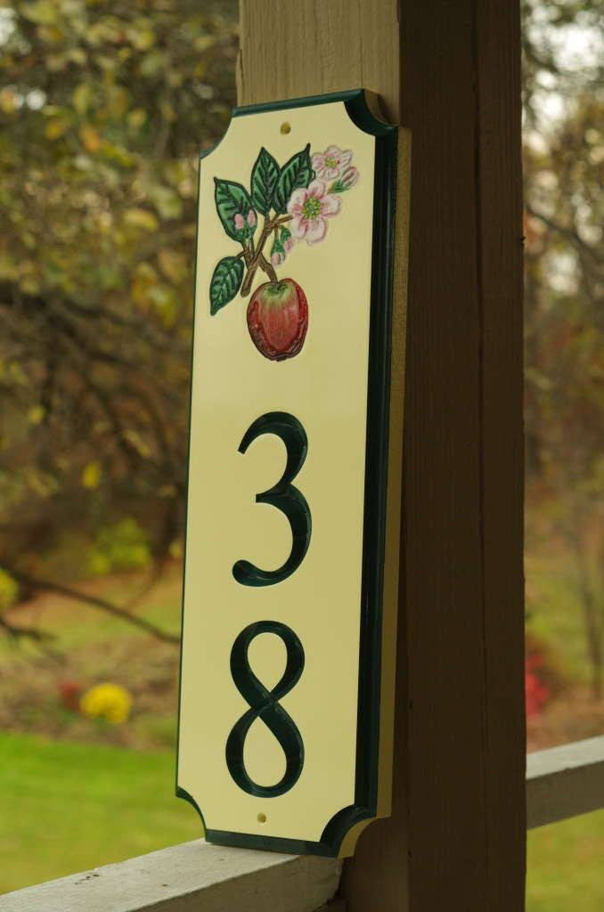 Custom Carved Street Address sign / House number with Apple and Blossom (A122) - The Carving Company