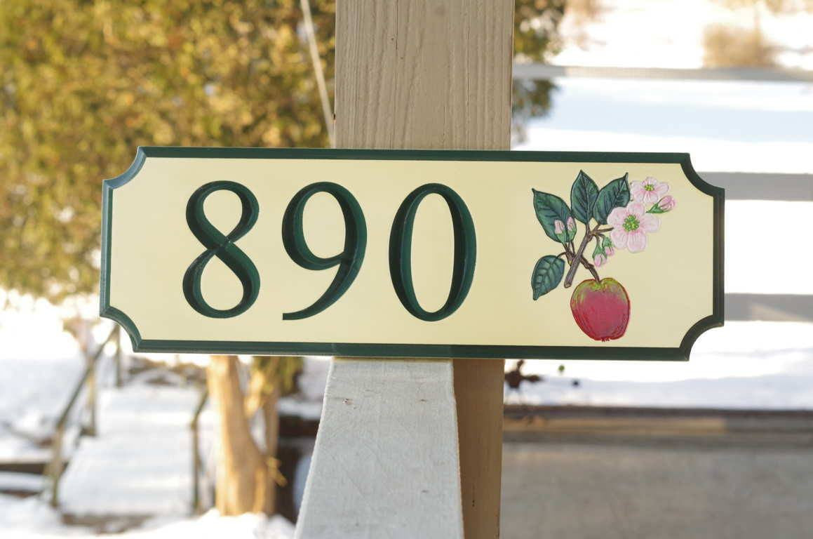 Custom Carved Street Address sign / House number with Apple and Blossom (A25) - The Carving Company