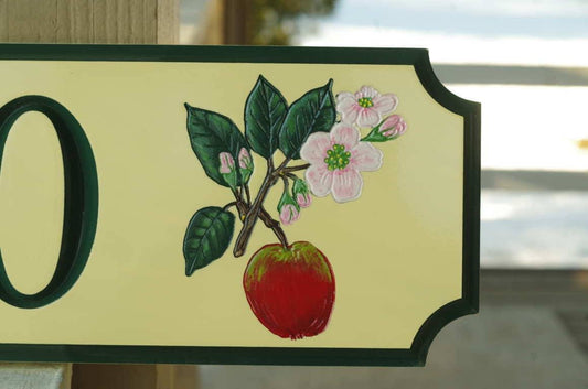 Custom Carved Street Address sign / House number with Apple and Blossom (A25) - The Carving Company