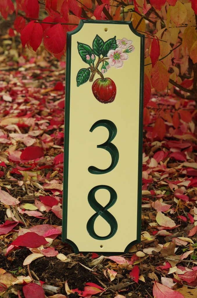 Custom Carved Street Address sign / House number with Apple and Blossom (A25) - The Carving Company