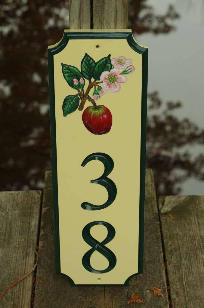 Custom Carved Street Address sign / House number with Apple and Blossom (A25) - The Carving Company