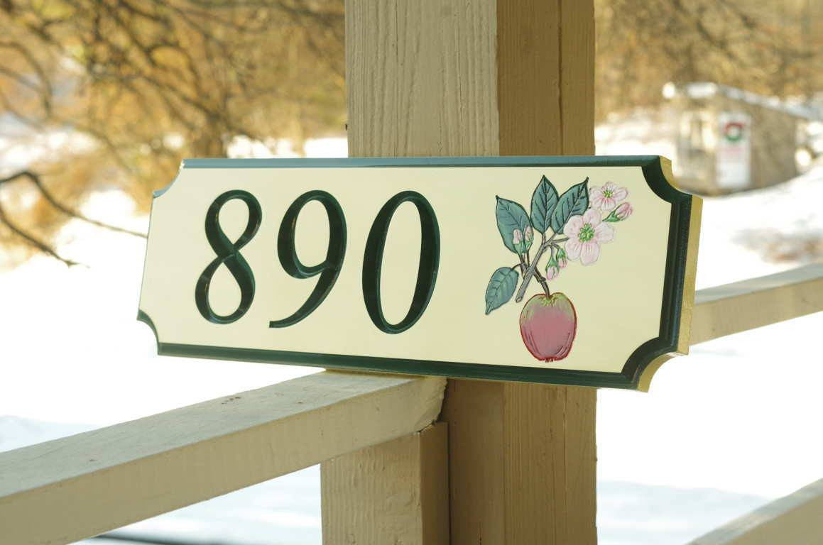 Custom Carved Street Address sign / House number with Apple and Blossom (A25) - The Carving Company