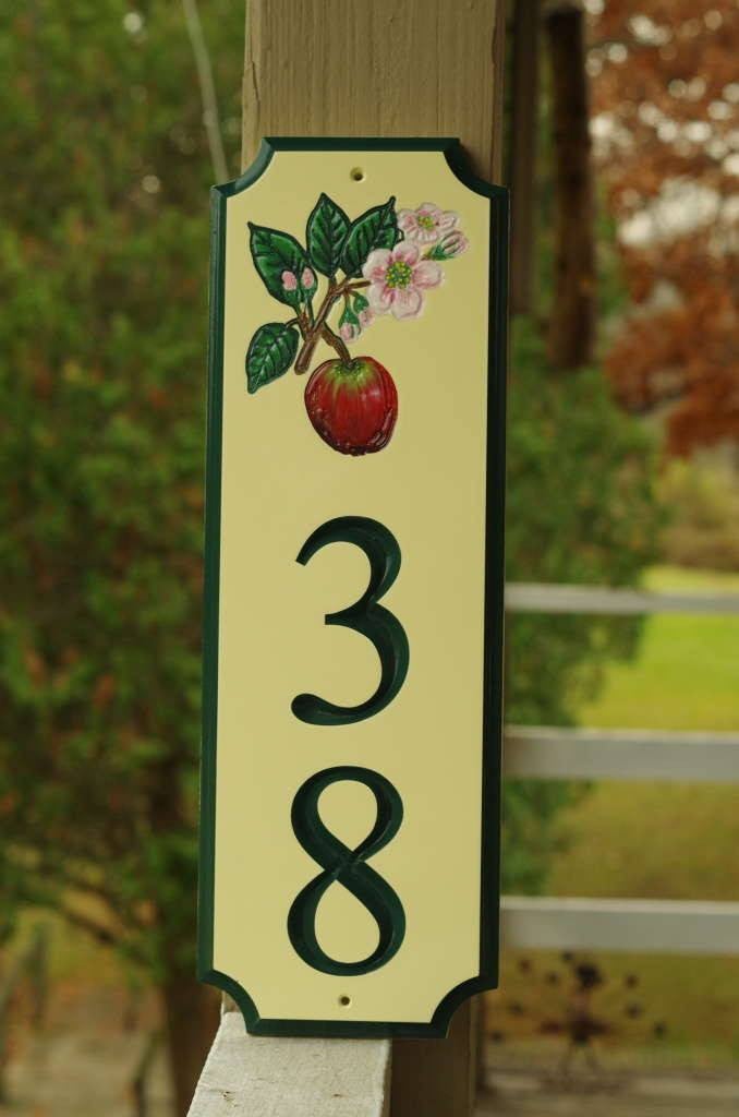 Custom Carved Street Address sign / House number with Apple and Blossom (A25) - The Carving Company