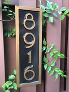 Custom made house number sign 8916 in black and bronze mid century modern font