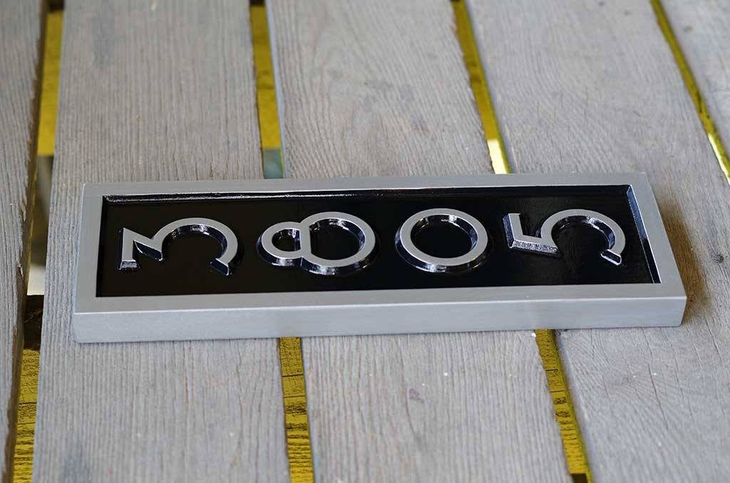 House number sign 3805 in black and silver mid century modern font rectangle shape side view