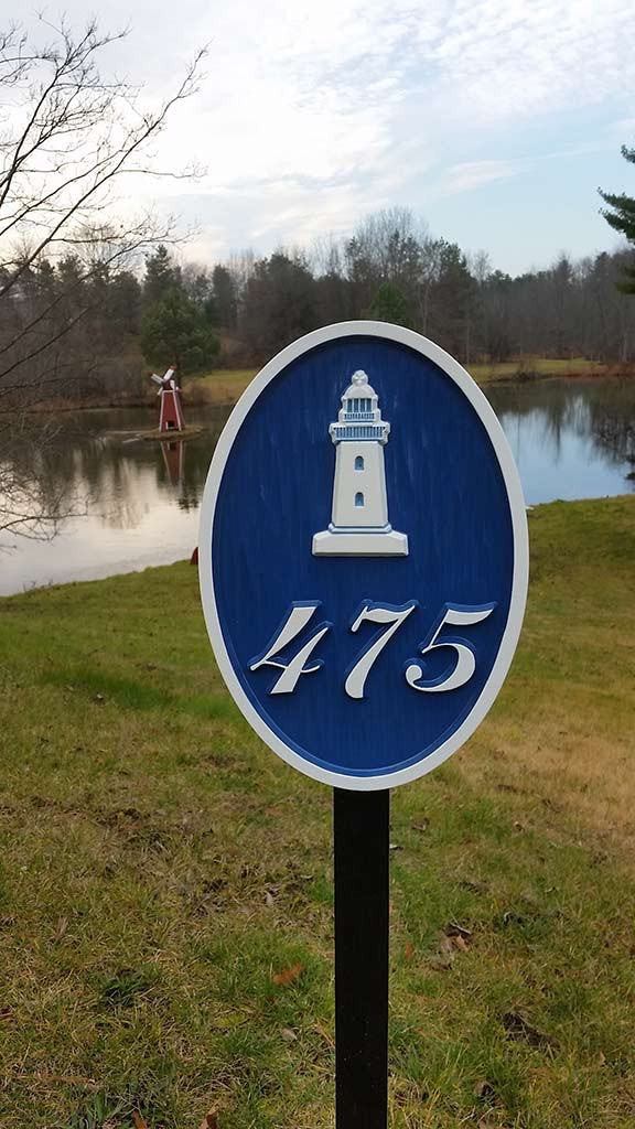 Nautical Carved House number with Light House or other stock image (A77) - The Carving Company