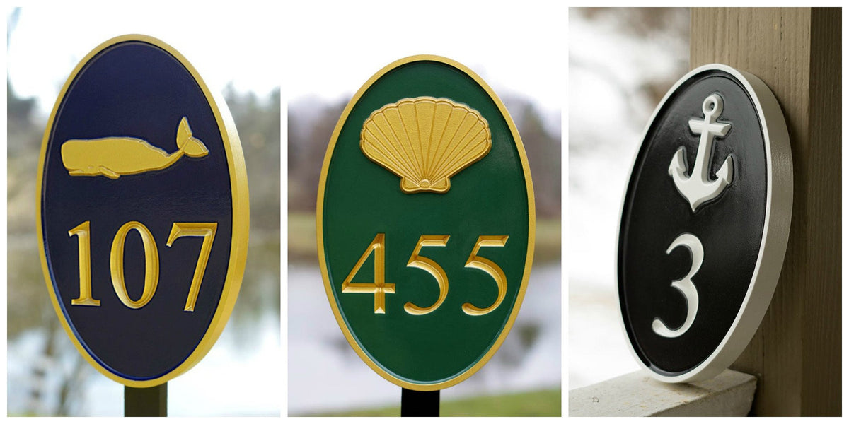 Oval House number with scallop sea shell or other stock image (A61) - The Carving Company