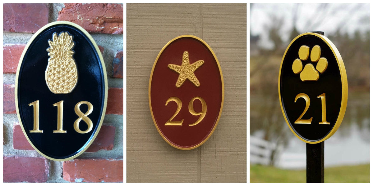 Oval House number with scallop sea shell or other stock image (A61) - The Carving Company