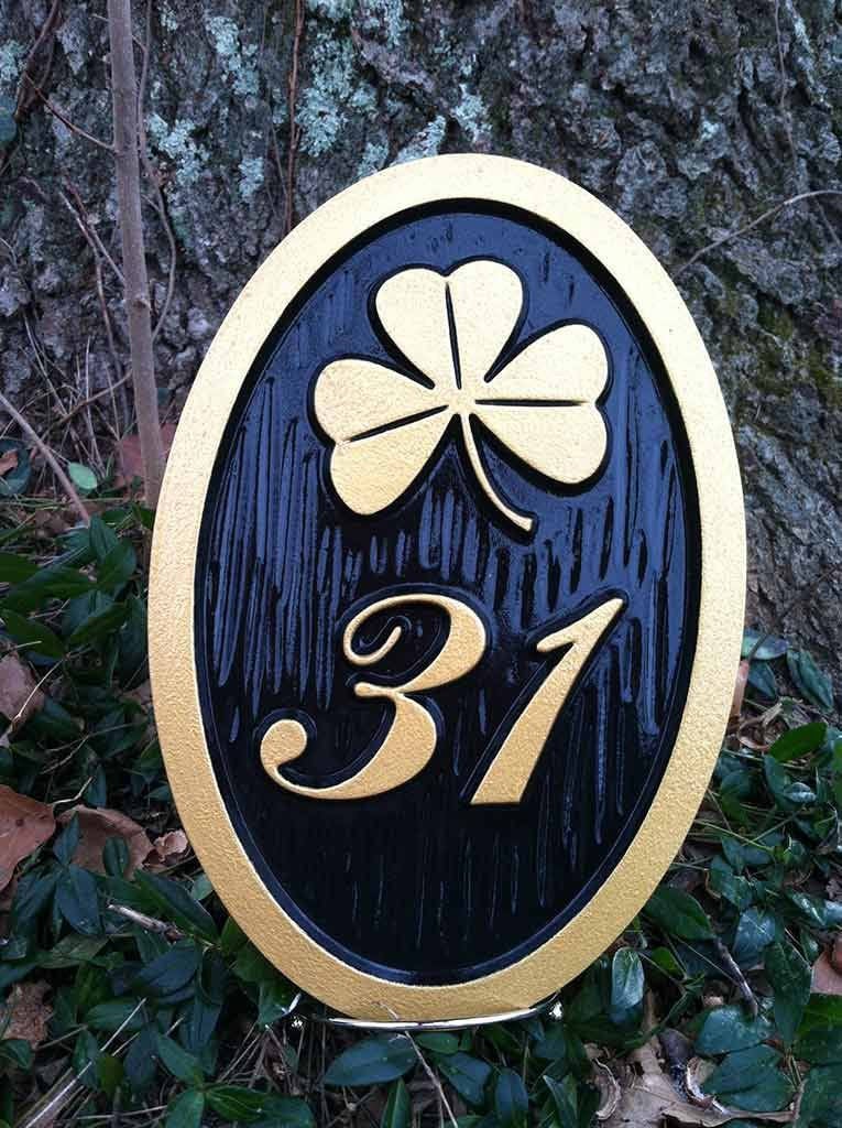 House Number Weatherproof Custom Carved Sign with shamrock or other image - Oval (A6) - The Carving Company