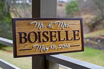 Mr. and Mrs. Wedding Date Sign Custom Carved from Oak (LN28) - The Carving Company