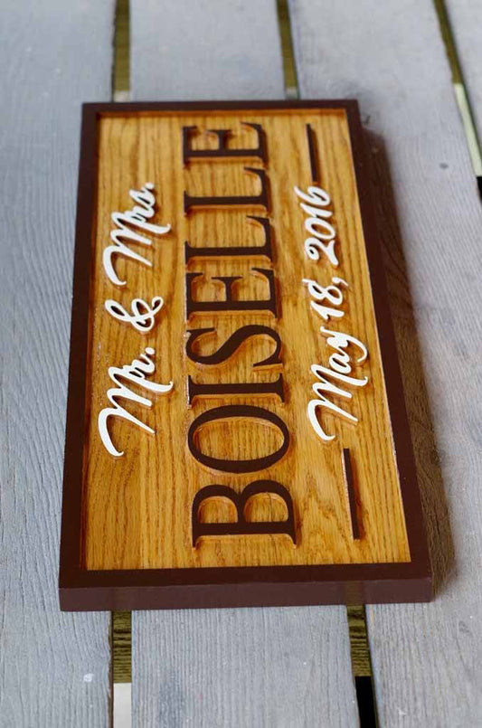 Mr. and Mrs. Wedding Date Sign Custom Carved from Oak (LN28) - The Carving Company