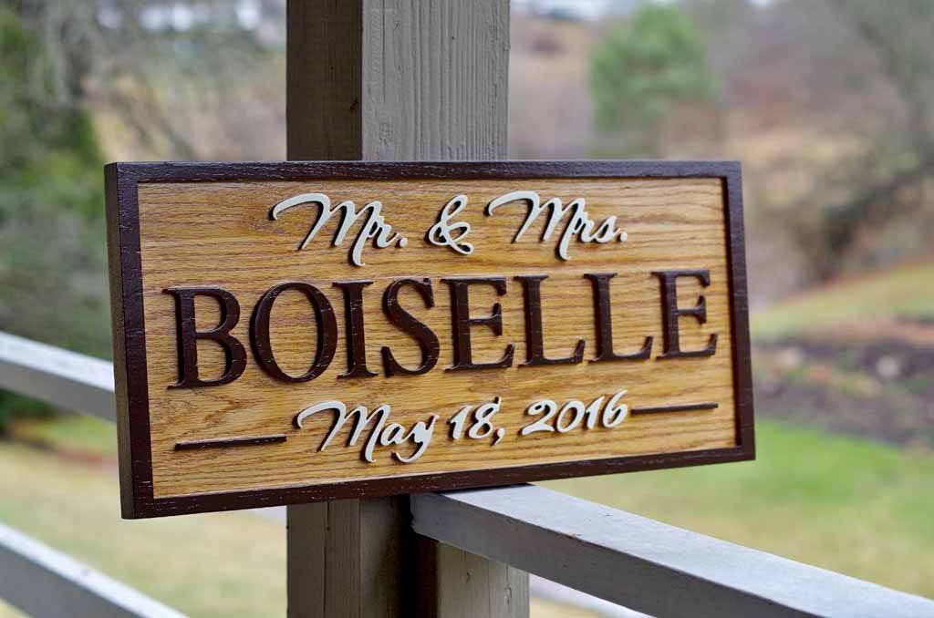 Mr. and Mrs. Wedding Date Sign Custom Carved from Oak (LN28) - The Carving Company