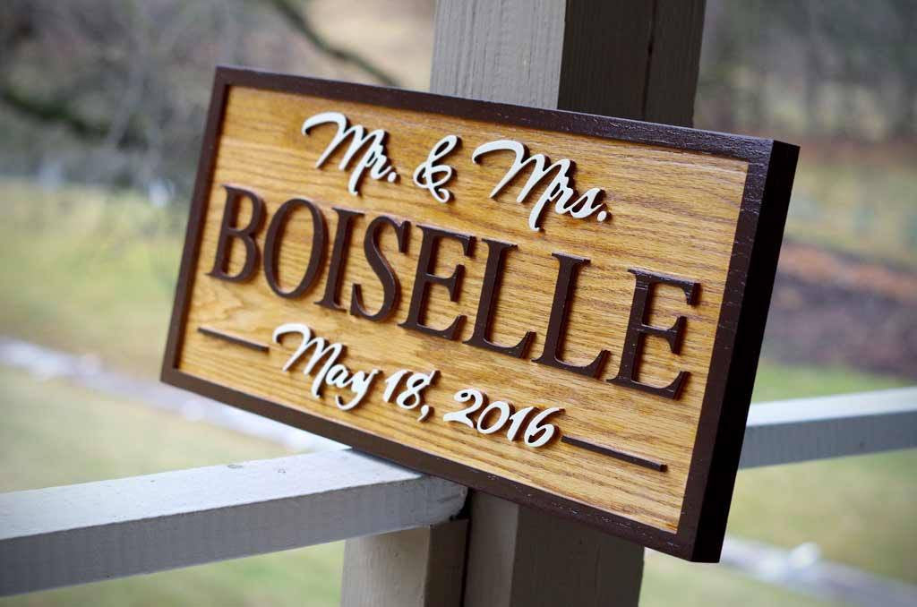 Mr. and Mrs. Wedding Date Sign Custom Carved from Oak (LN28) - The Carving Company