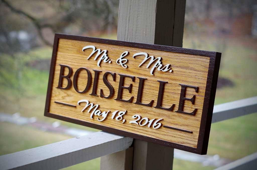 Mr. and Mrs. Wedding Date Sign Custom Carved from Oak (LN28) - The Carving Company