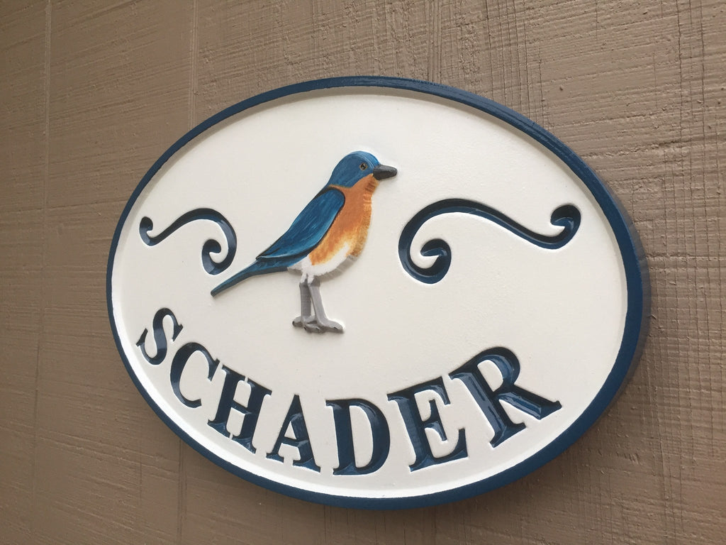 Personalized Last Name Entrance Sign With Eastern Blue Bird or other bird (LN31) - The Carving Company