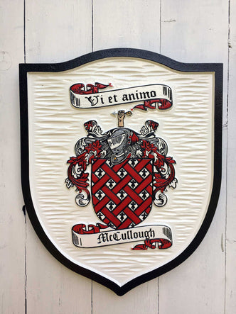 Mccullough Family Coat of Arms carved and painted