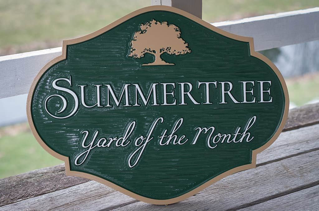 Yard of the month green and tan with tree sign horizontal shape for neighborhood