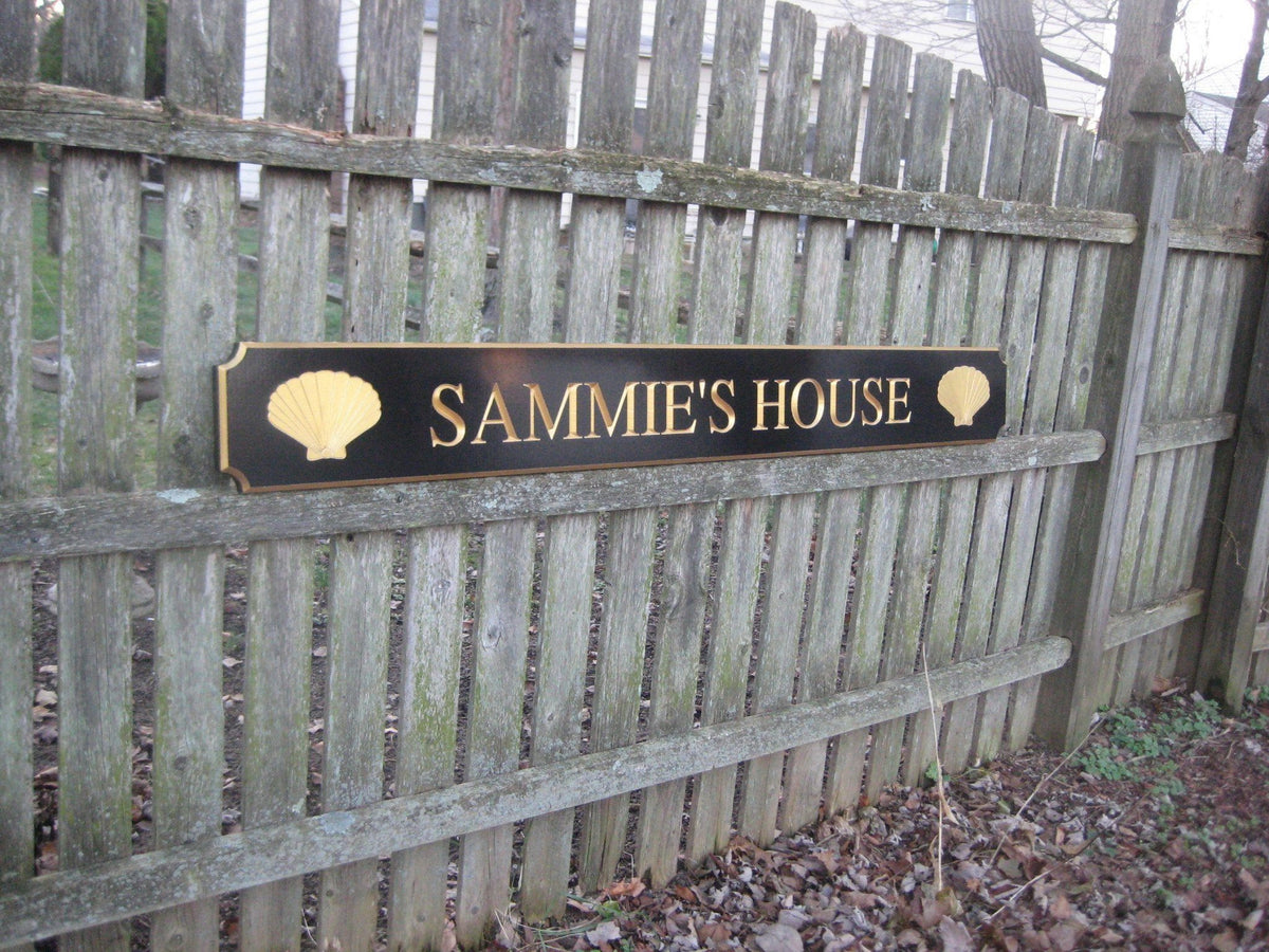 Custom Carved Quarterboard sign  with name and sea shells (Q38) - The Carving Company