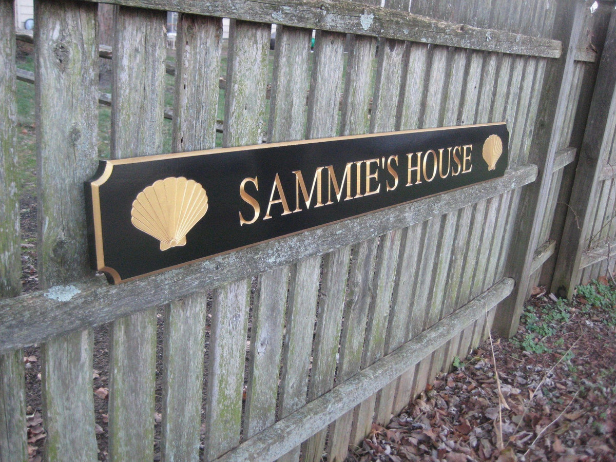 Custom Carved Quarterboard sign  with name and sea shells (Q38) - The Carving Company